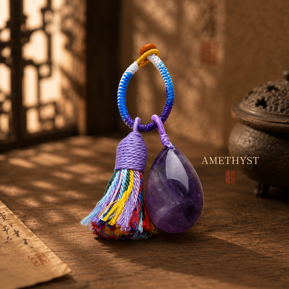 Amethyst crystal tassel bag charm with colorful handwoven cord and teardrop stone