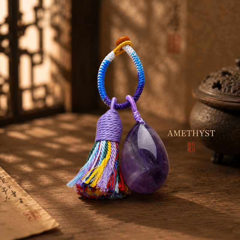 Amethyst crystal tassel bag charm with colorful handwoven cord and teardrop stone