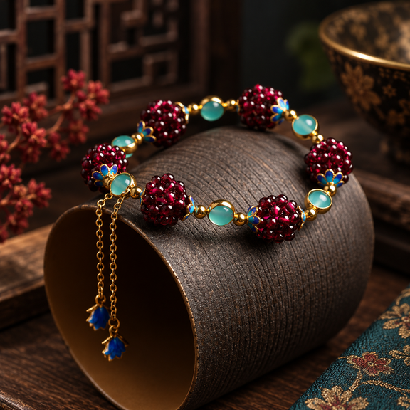 Natural garnet bracelet with amazonite stones and decorative accents