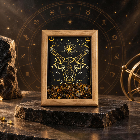 Taurus zodiac crystal frame with Tiger’s Eye chips