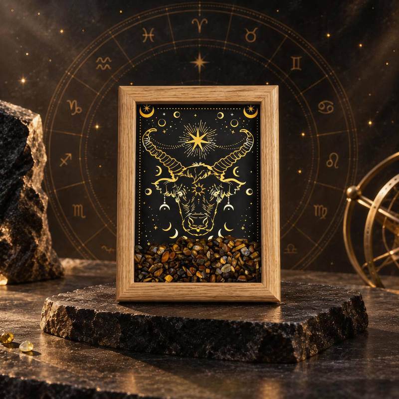 Taurus zodiac crystal frame with Tiger’s Eye chips