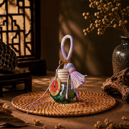 Five Elements crystal wishing bottle charm with purple tassel, green bottle and colorful crystal chips
