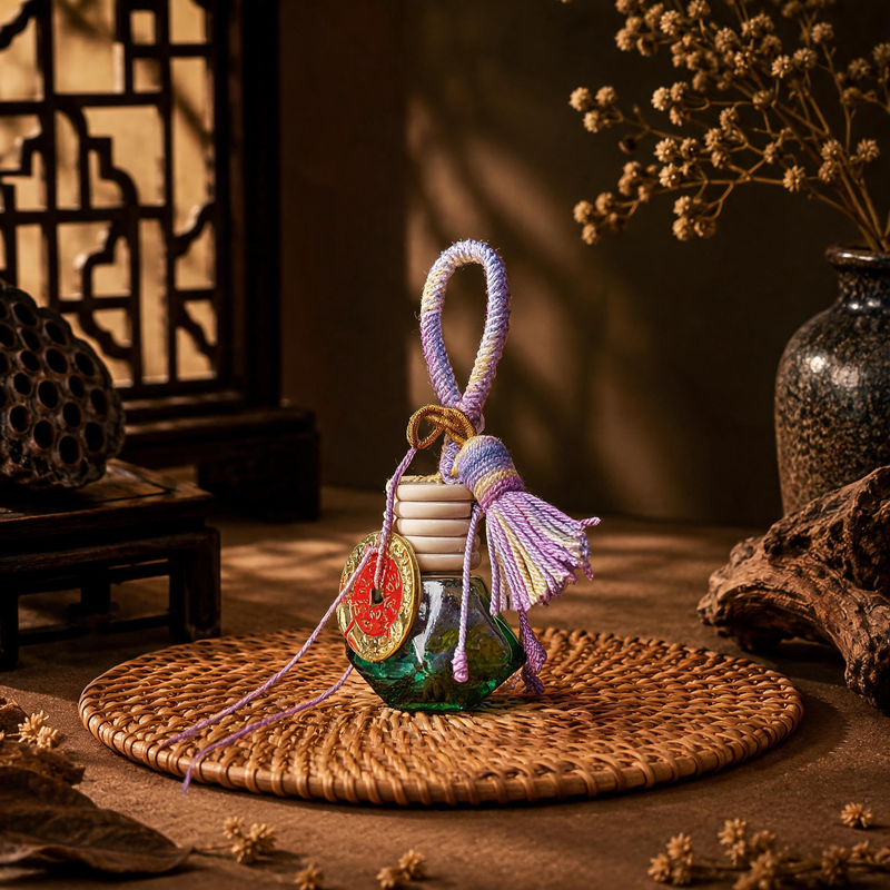 Five Elements crystal wishing bottle charm with purple tassel, green bottle and colorful crystal chips