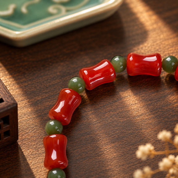 Bamboo-inspired red agate beads with green Hetian jade
