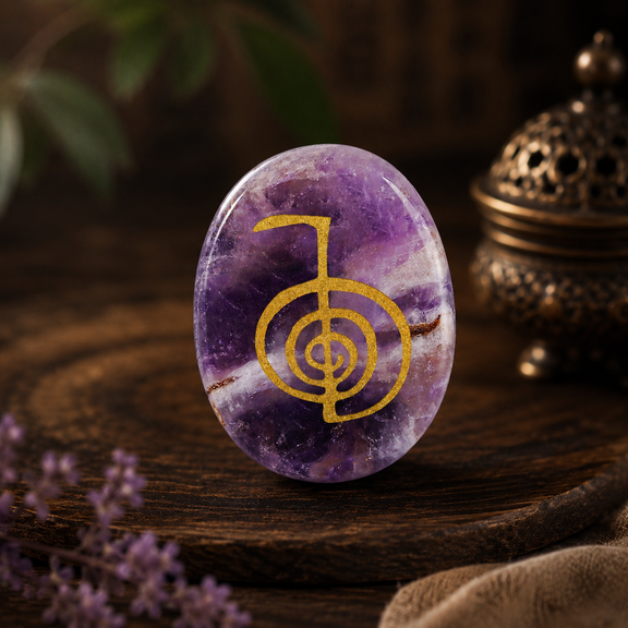 Amethyst Cho Ku Rei Reiki symbol stone with gold engraving
