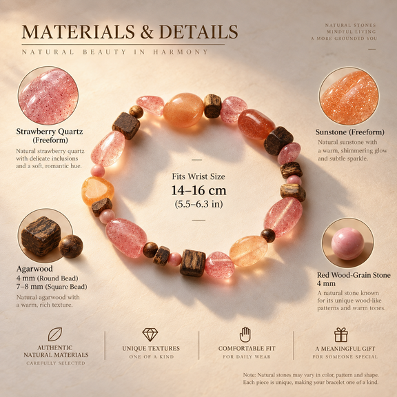 Strawberry Quartz, Sunstone and Agarwood bracelet materials and wrist size