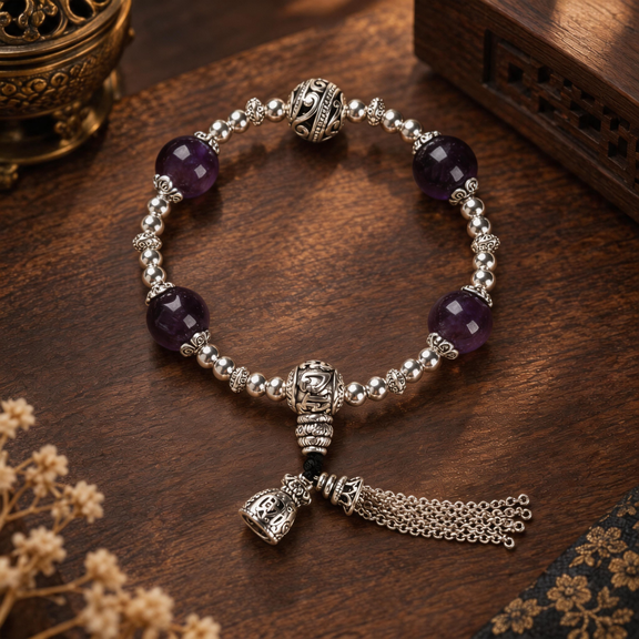 12mm Amethyst gemstone tassel bracelet with silver-tone accents