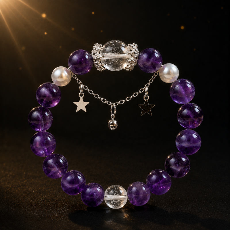 Celestial amethyst and clear quartz bracelet with shell pearl accents and star charms