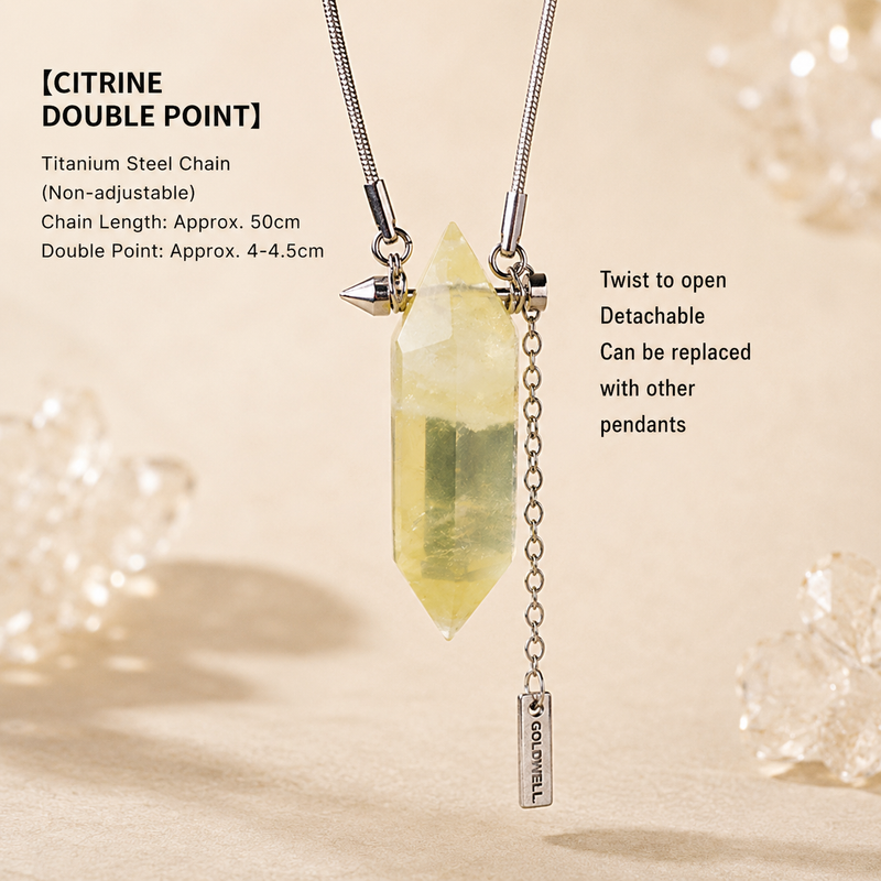 Citrine double point crystal necklace size and details with natural yellow crystal pendant and titanium steel chain