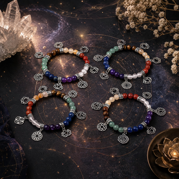 natural gemstone 7 chakra bracelets with symbolic silver charms