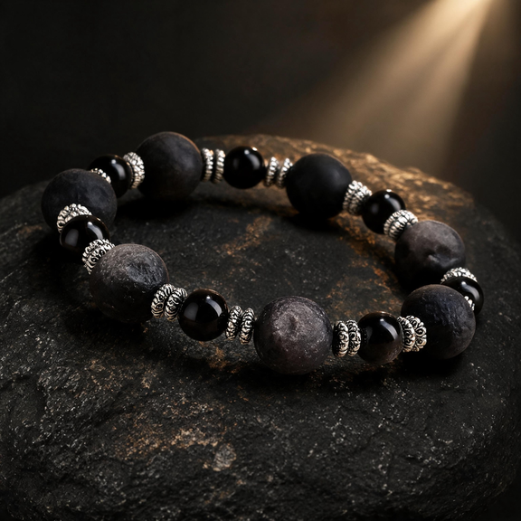 Close-up of meteorite-inspired textured silver sheen obsidian bracelet