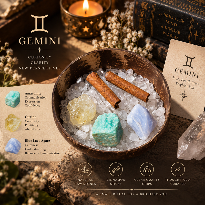 Gemini Zodiac Crystal Cleansing Kit with Amazonite, Citrine and Blue Lace Agate