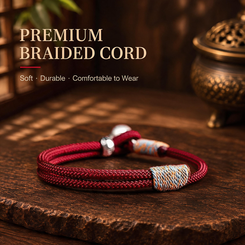 Premium braided red cord detail on adjustable Persimmon Wish bracelet