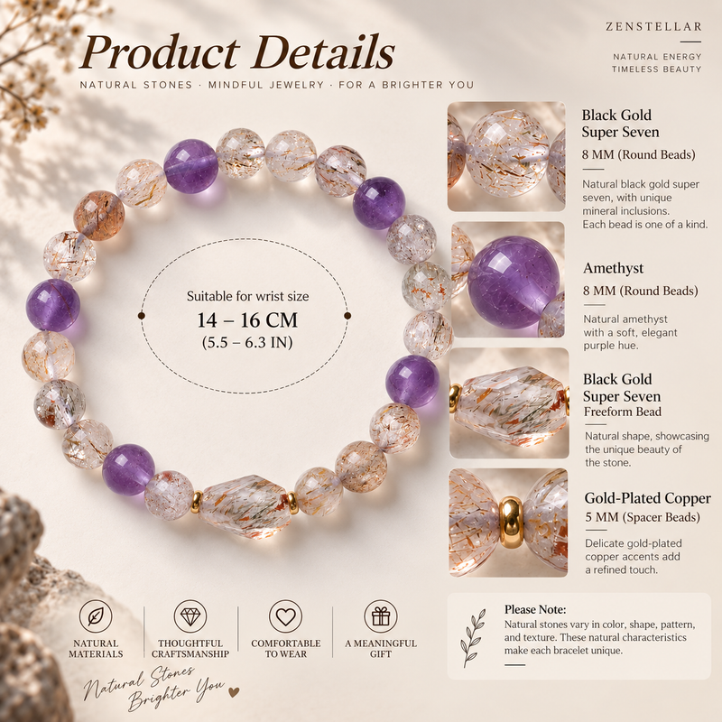 Black Gold Super Seven and Amethyst bracelet materials and size details