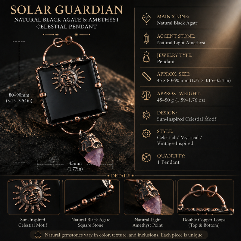 Guardián Solar – Colgante Celestial de Ágata Negra Natural y Amatista