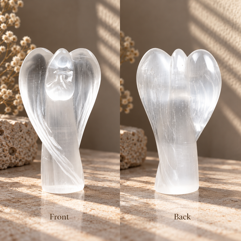 Front and back view of Moroccan selenite guardian angel carving
