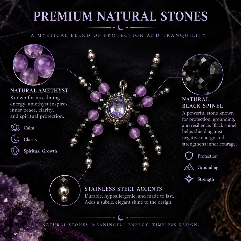 Natural amethyst and black spinel materials used in spider jewelry