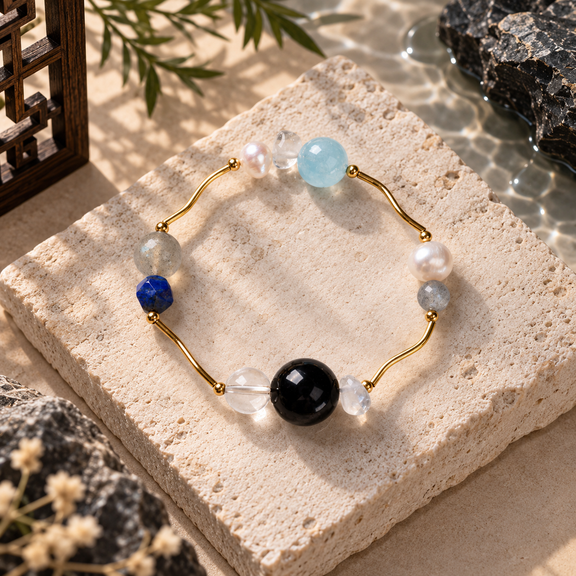 Water Serenity Five Elements bracelet with Silver Obsidian, Aquamarine, Gray Moonstone and Clear Quartz