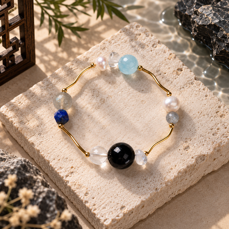 Water Serenity Five Elements bracelet with Silver Obsidian, Aquamarine, Gray Moonstone and Clear Quartz