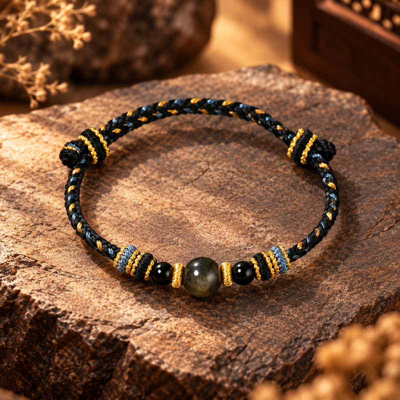 Black Obsidian hand-braided adjustable cord bracelet
