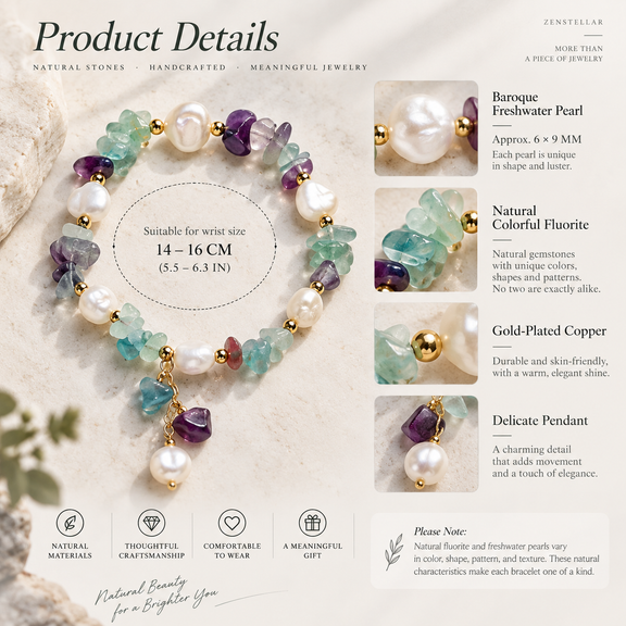 Colorful fluorite bracelet with baroque freshwater pearl material and size details