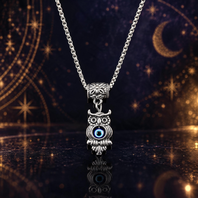 Owl evil eye pendant necklace in antique silver-tone finish