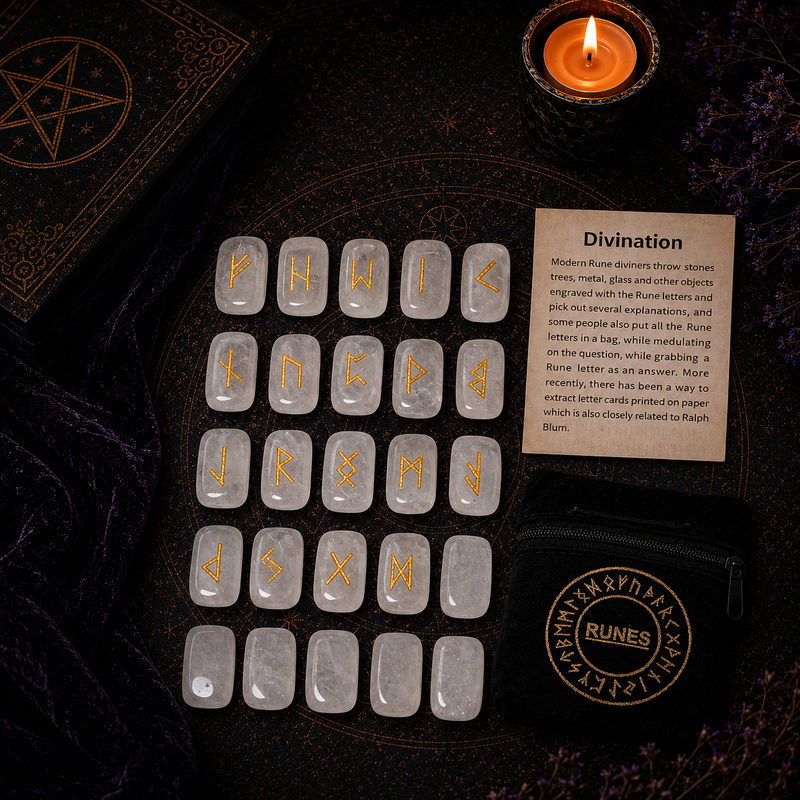 Clear Quartz rune stones set for divination with engraved gold symbols and rune pouch