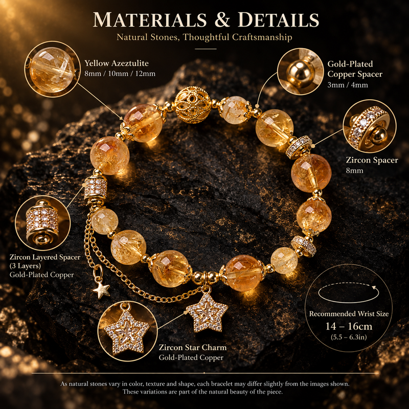 Yellow Azeztulite star bracelet materials bead sizes and wrist size details