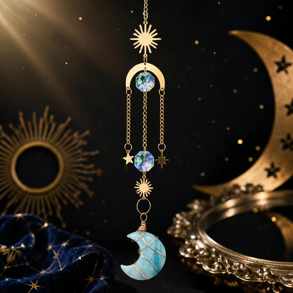 Celestial sun and moon ornament with natural Amazonite crescent pendant