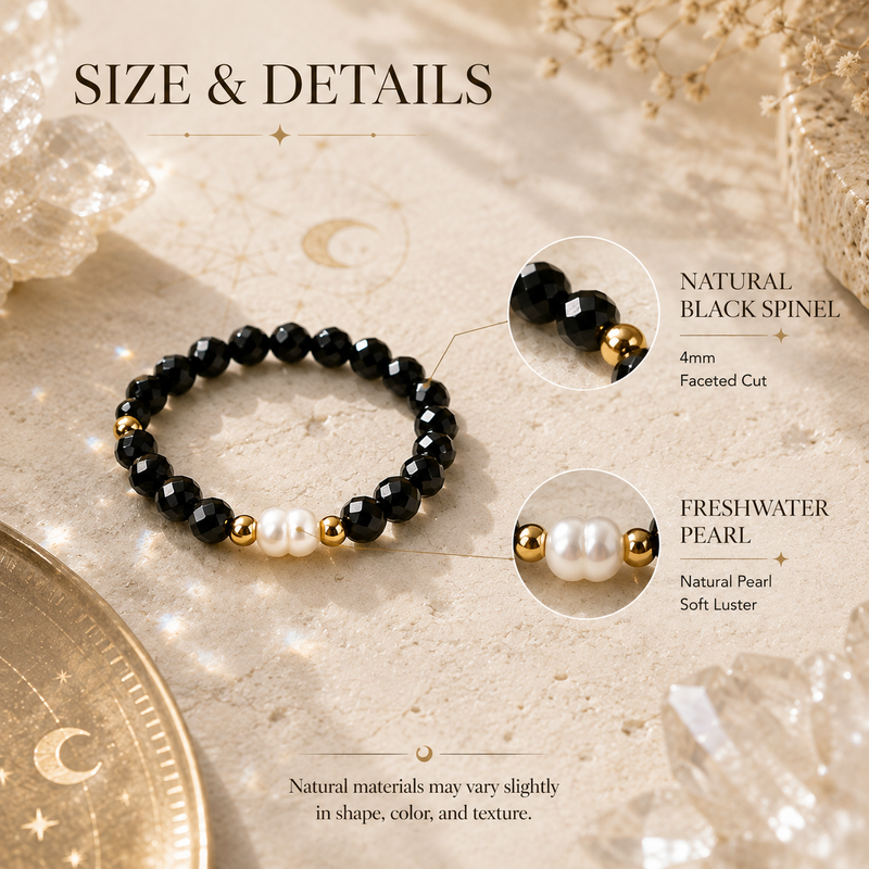Black spinel and freshwater pearl ring size and material details