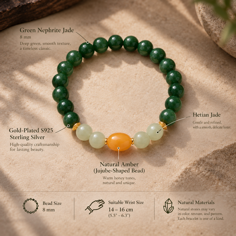 Green Nephrite Jade and Amber bracelet materials and size details
