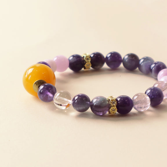 Violet Whisper AI Companion Bracelet detail view showcasing Amethyst Spodumene Clear Quartz beads and natural crystal craftsmanship