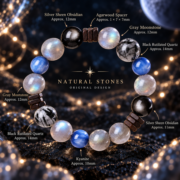 Gray Moonstone, Kyanite, Silver Sheen Obsidian and Black Rutilated Quartz bracelet details