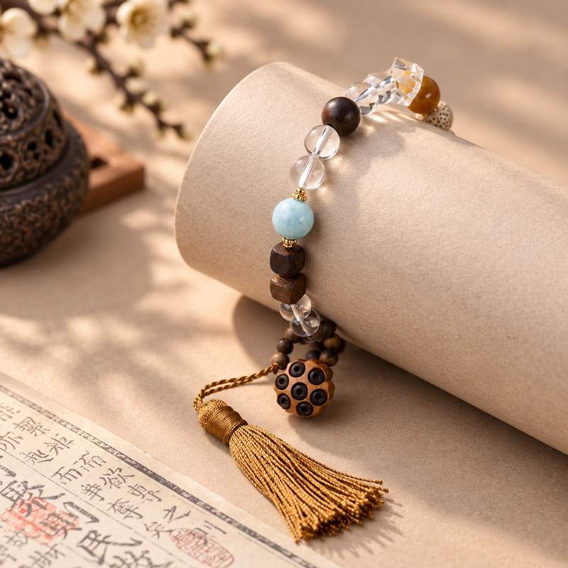 Clear quartz bracelet with square Qinan agarwood beads and blue larimar accent