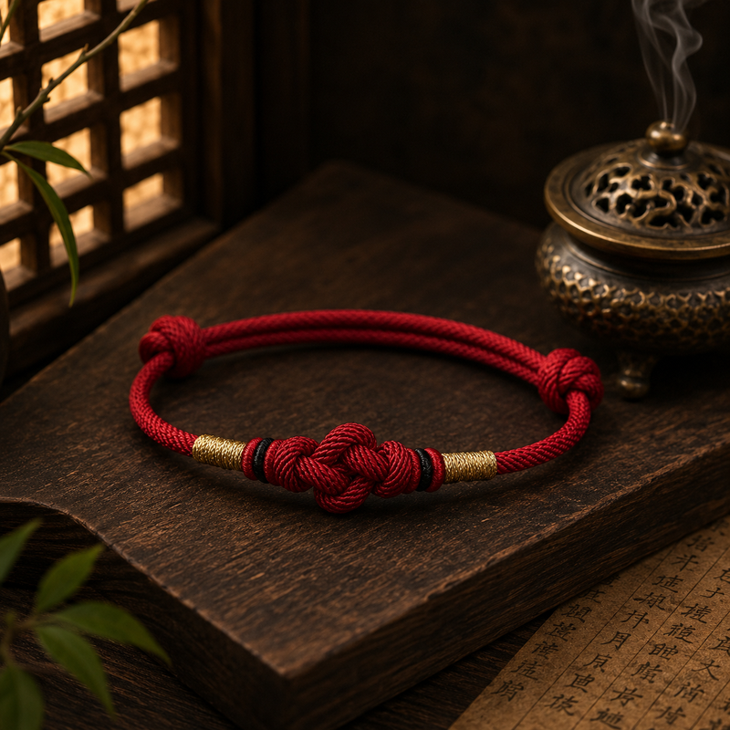 Red Eastern Harmony Ruyi knot cord bracelet with traditional Chinese-inspired detailing