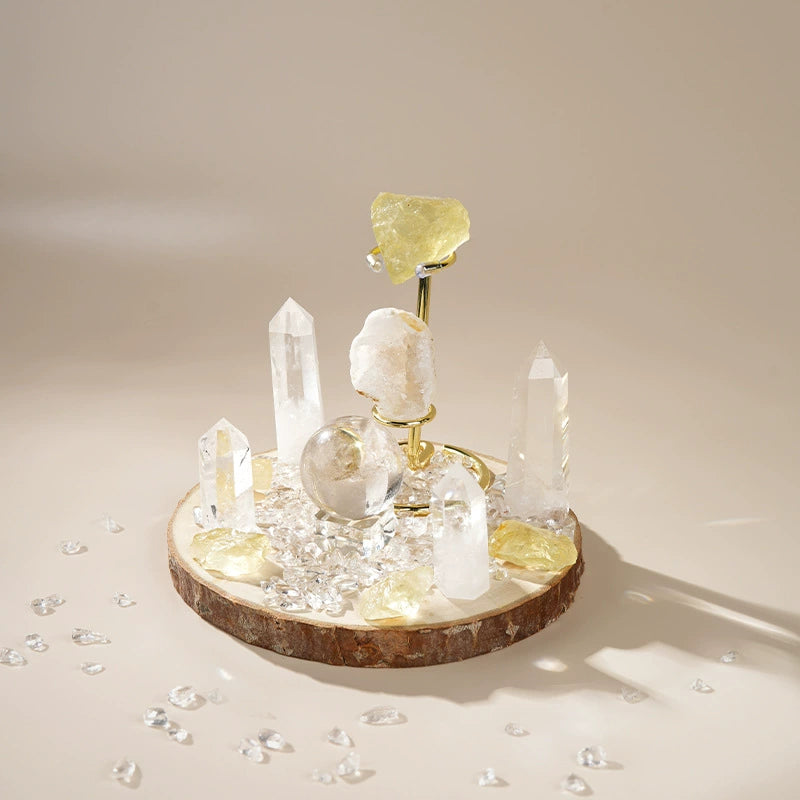 Citrine and Clear Quartz crystal grid set with natural wood base