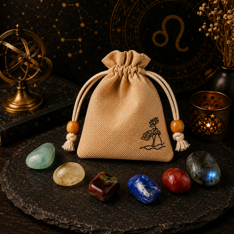 Leo zodiac crystal set with natural stones and drawstring pouch