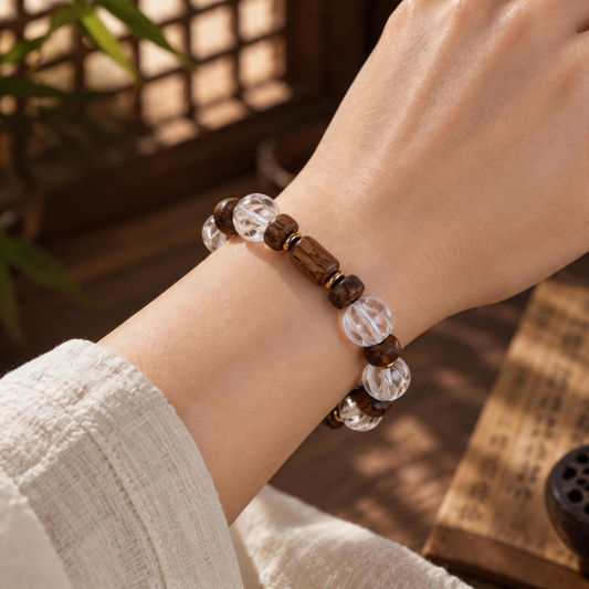 Clear quartz and agarwood bracelet worn on the wrist