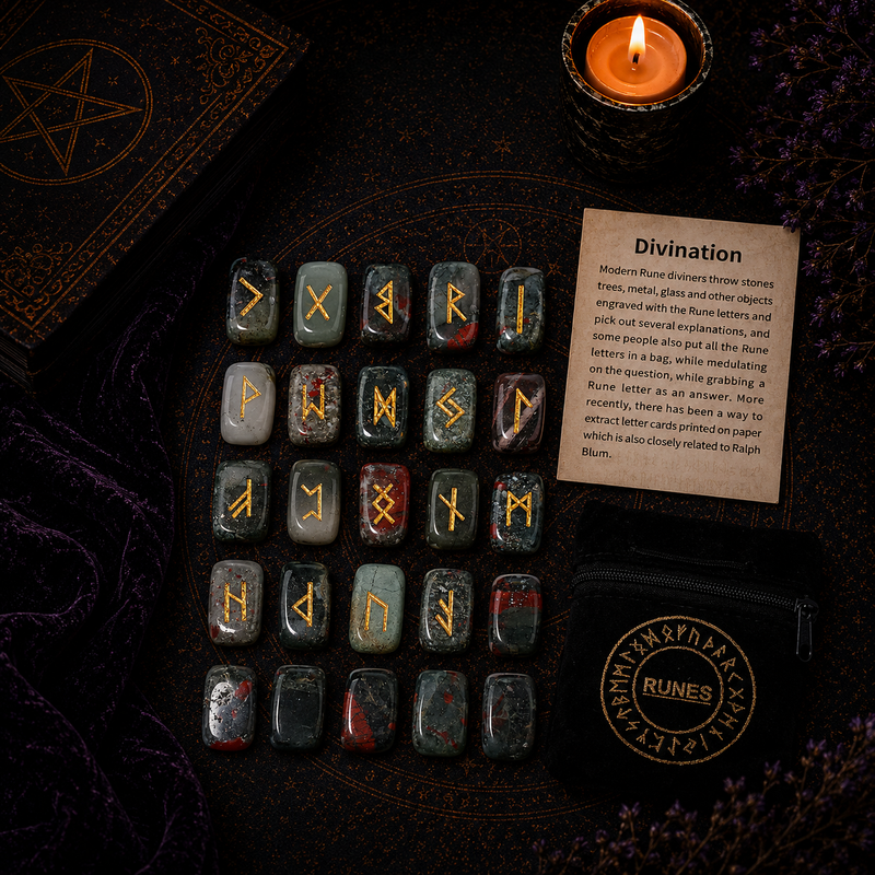 Bloodstone rune stones set for divination with engraved gold symbols and rune pouch