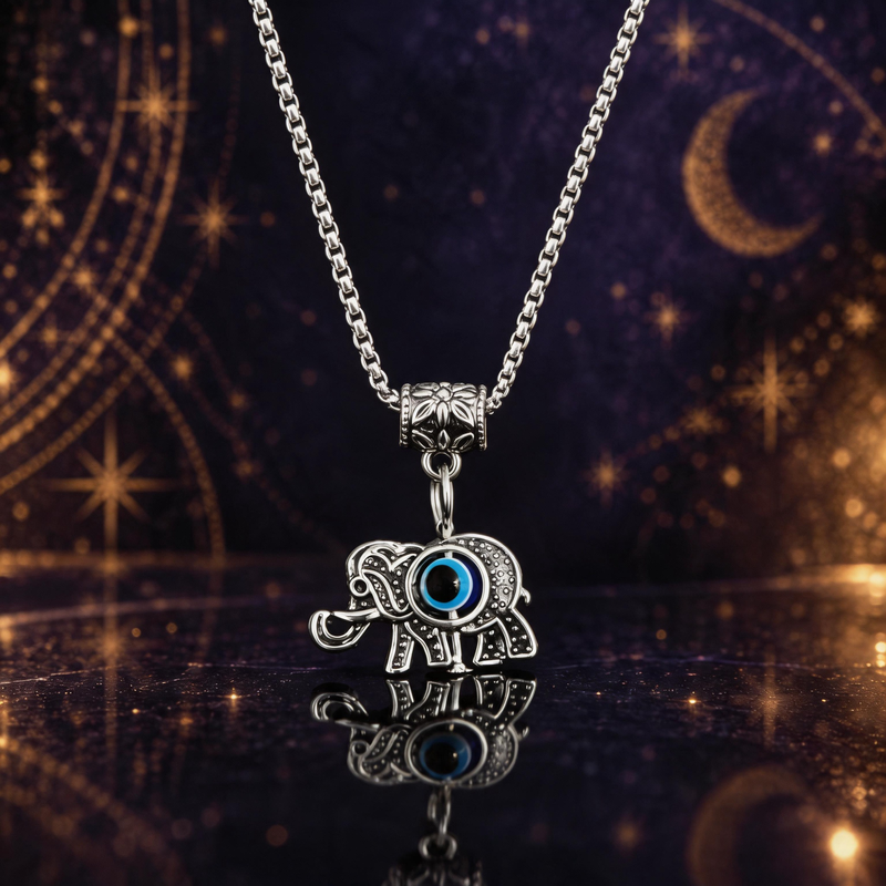 Elephant evil eye pendant necklace with symbolic blue eye