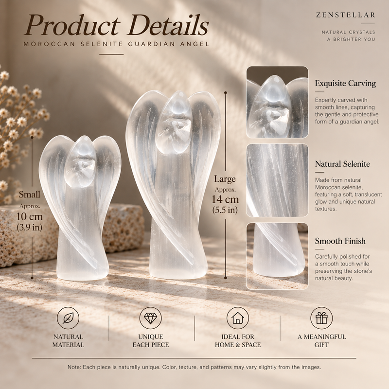 Moroccan selenite guardian angel size and product details