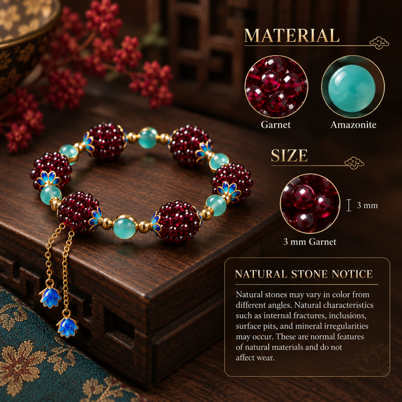 Garnet and amazonite bracelet material and 3 mm garnet bead details