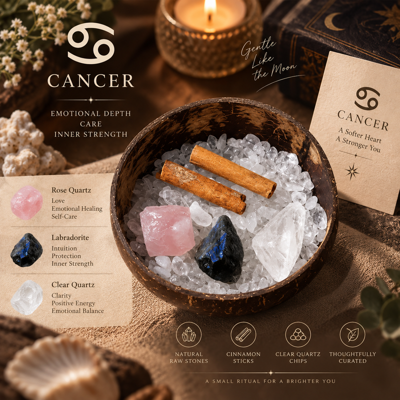 Cancer Zodiac Crystal Cleansing Kit with Rose Quartz, Clear Quartz and Labradorite