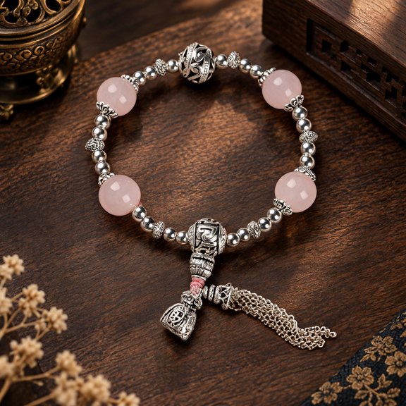 12mm Rose Quartz gemstone tassel bracelet with silver-tone accents