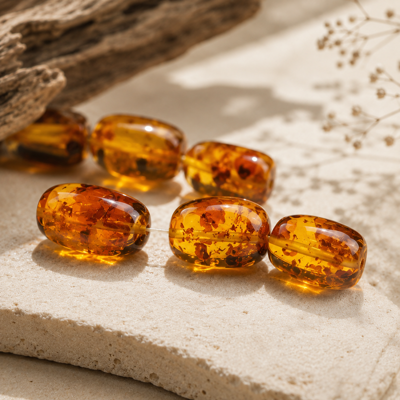 Close-up of polished amber beads showing transparency and internal patterns
