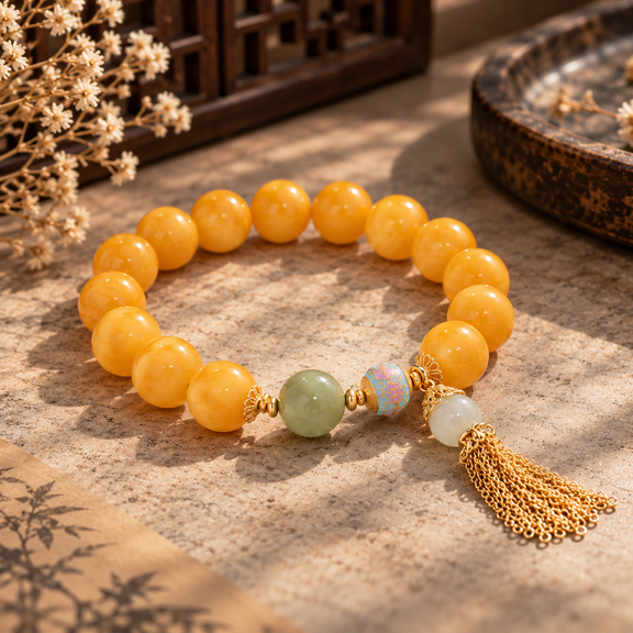 Amber tassel bracelet with Hetian jade and jadeite