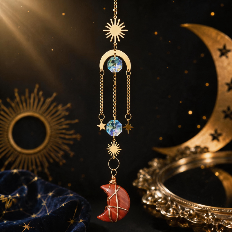 Celestial hanging ornament with natural Red Jasper crescent moon pendant