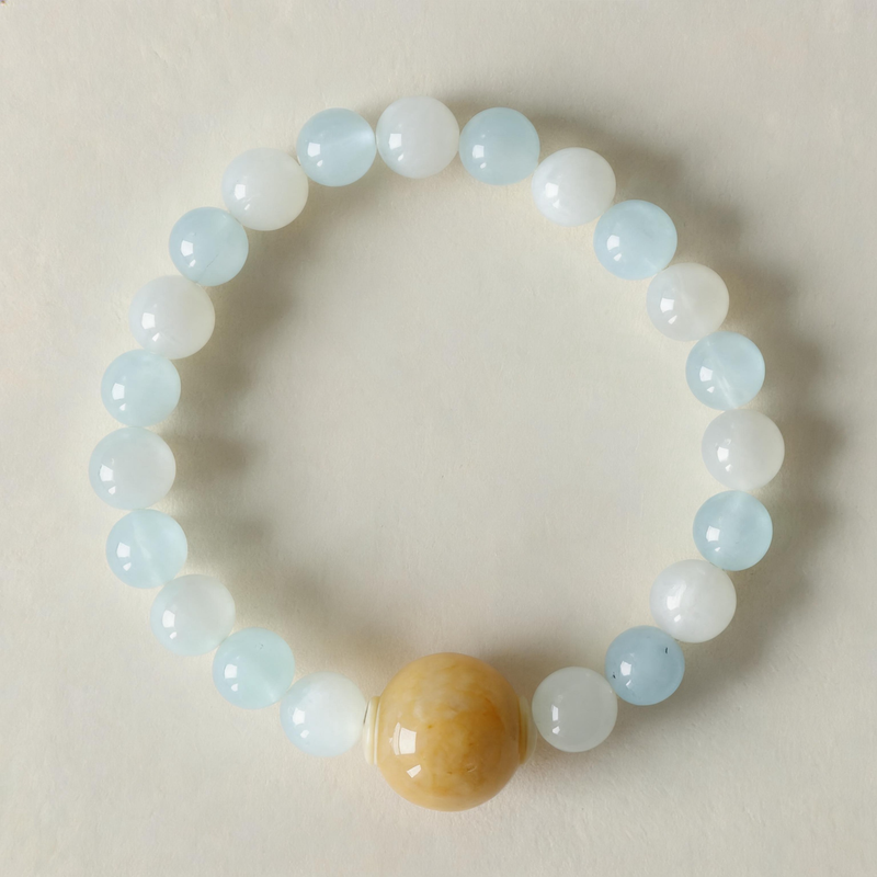 Cancer White Moonstone and Aquamarine crystal bracelet product showcase