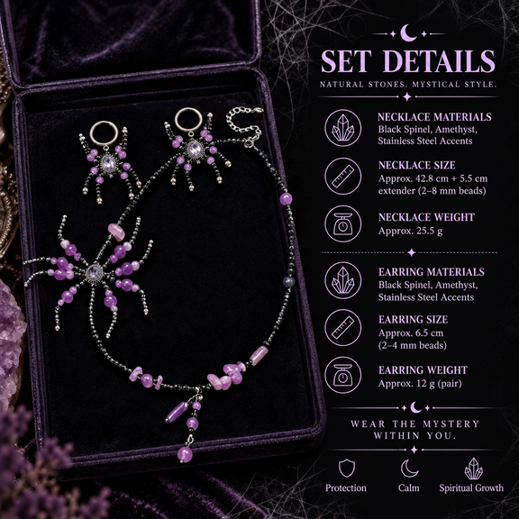 Amethyst and black spinel spider necklace and earrings size and material details