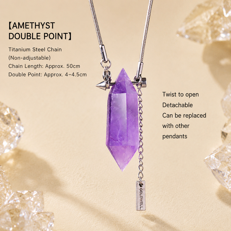 Amethyst double point crystal necklace size and details with natural crystal pendant and titanium steel chain